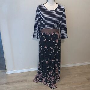 Striped Floral Belted Elbow Sleeves Maxi Dress